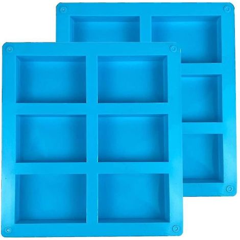 Moule à savon rectangulaire en silicone bleu à 6 cavités pour la fabrication de savons, muffins, cupcakes, chocolats, biscuits et autres créations artisanales - Lot de 2 (1/4)