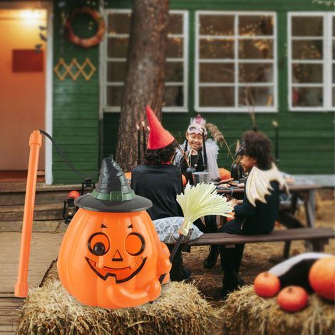 Citrouille lumineuse LED portable avec balai et effets sonores, fonctionnant sur piles, idéale pour Halloween, bars et jardins. Décoration pour fêtes, bars et extérieurs. (1/5)