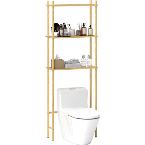 Meuble WC à 3 niveaux en bambou à lattes, couleur bois naturel, meuble haut gain de place, 63,5×25,5×181 cm (1/5)