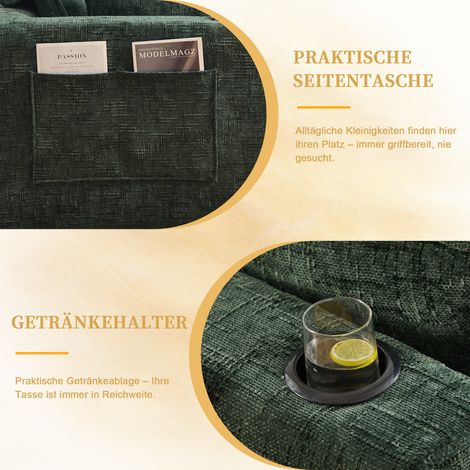 Canapé modulable 3 places avec repose-pieds, coussins, porte-gobelets & poches latérales — mousse + ressorts — salon (chenille vert foncé) (1/4)