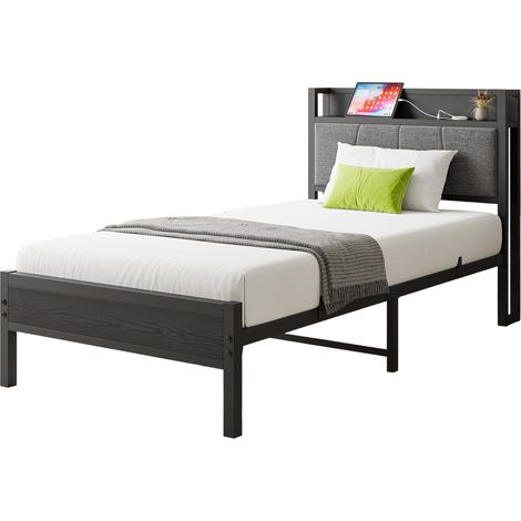 Bett Metall/MDF Schwarz 90x200 cm mit Stauraum-Kopfteil und Unterbettstauraum