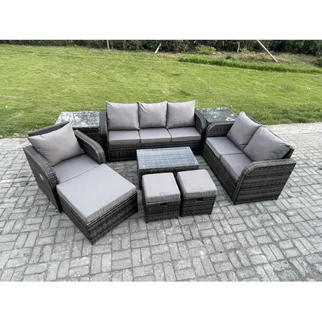 Fimous Gartenmöbel-Sets 9 Stücke Polyrattan Möbel Sofa Sets mit Rechteckiger Couchtisch Loveseat Sofa 3 Hockern 2 Beistelltischen (1/5)
