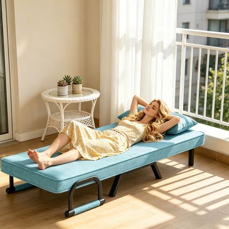 Fauteuil convertible 3-en-1 190x69x26 cm bleu, dossier réglable, tissu lin et métal MEUBLIV (1/5)