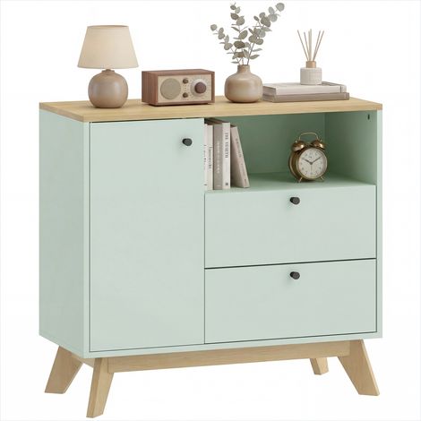 Buffet meuble de rangement salon cuisine entrée MDF 80x35x76 cm vert clair et chêne (1/5)