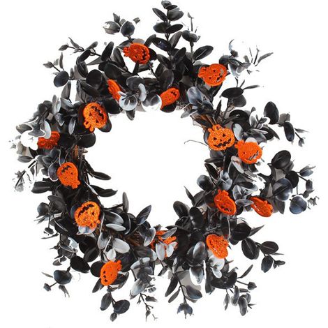 Halloween-Kranz aus verwelkten Zweigen, zum Aufhängen an einer Tür, zum Dekorieren eines Schaufensters, als Partydekoration, mit einem künstlichen Kürbis und einer Wandgirlande. (1/2)