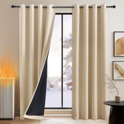 Rideaux Occultant - Rideau Thermique Efficace Contre Le Froid Ainsi Que la Chaleur Isolant Thermique avec Noir Doublure 100% Ombrage. Jaune Beige. 140 x 220 cm. 2 Pièces (1/5)
