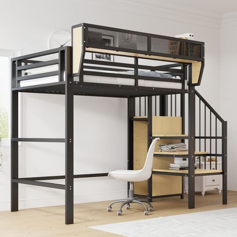 Lit mezzanine 90x200 cm en métal avec échelle de sécurité, espace sous lit 140 cm, étagère de rangement modulable, lit enfant ado sans matelas (1/5)