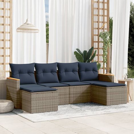 Ensemble canapé de jardin 6 pièces en rotin PE gris avec coussins, modulable - PANGIVO (1/5)