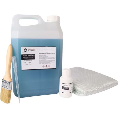 Kit résine polyester 5 kg avec catalyseur et roving 5 m² 300 g/m² pour réparation et stratification