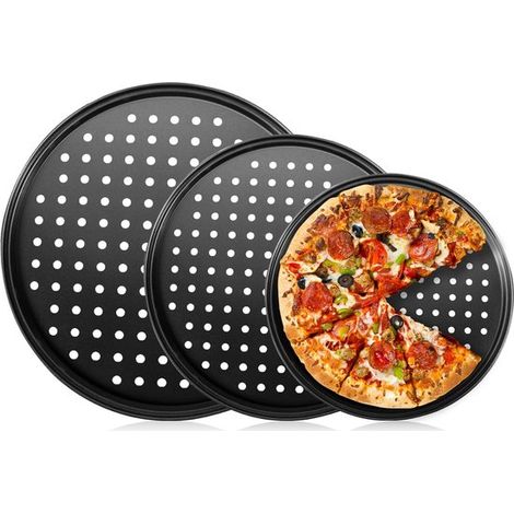 Ensemble de 3 plaques à pizza. Plaque à pizza perforée pour four. Ronde. Revêtement antiadhésif et acier au carbone. Fond croustillant. Plaque de cuisson pour pizza. (1/5)