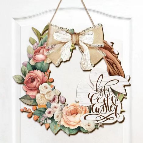 Decorazione pasquale in legno per porta, 30 cm - Fiori primaverili e coniglietto (1/2)