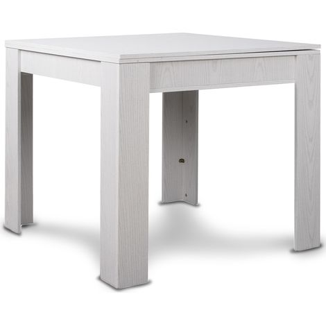 Tavolo da Pranzo Quadrato 90x90 in Legno Bianco Allungabile con Apertura a Libro