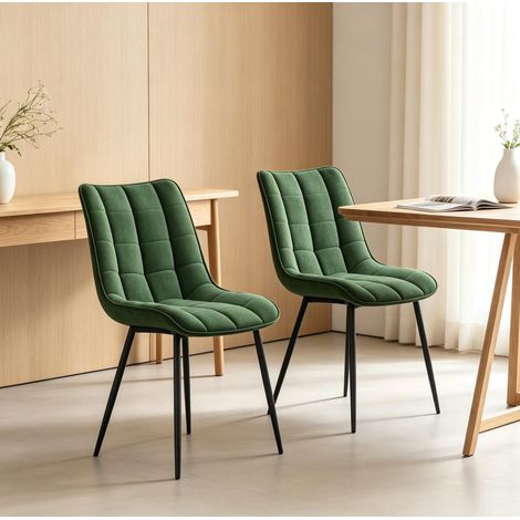 Lot de 2 chaises de salle à manger en velours vert foncé, dossier ergonomique et pieds en métal, assise rembourrée 46 x 39 cm, charge 100 kg – CHICFURN (1/5)