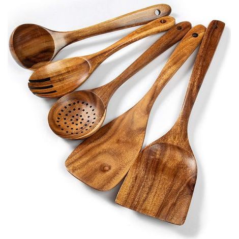 Ustensiles de Cuisine Bois - Set de Cuisine Premium 5 Pièces - Ensemble d'Ustensiles en Bois de Teck Facile à Nettoyer - Matériau Léger, Résistant à la Chaleur, Durable & Anti-Rayures (1/5)