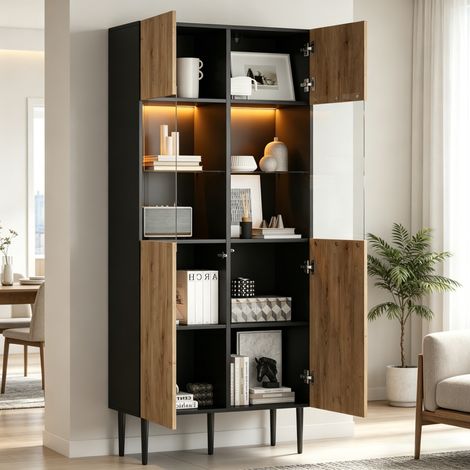 Vitrina alta 80 x 35 x 180 cm, 10 compartimentos, LED, negro y natural HAVRYA (1/5)