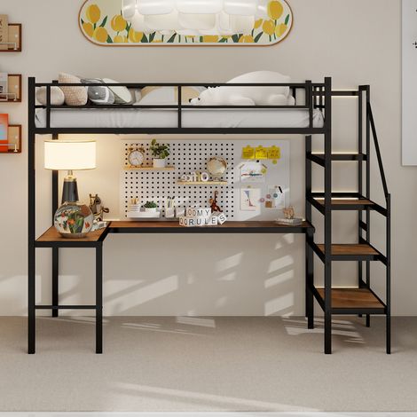 Lit mezzanine avec bureau en L 90x190cm étagères rangement escalier barrière sécurité