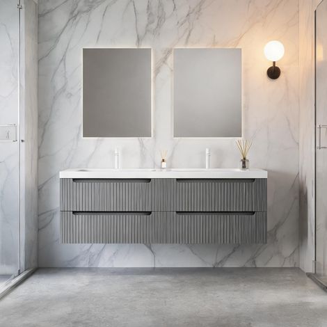 Meuble vasque suspendu gris avec 2 vasques intégrées en résine (1/5)