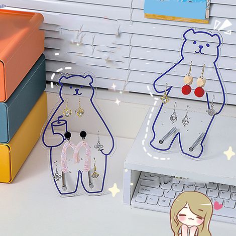 Boîte à bijoux en acrylique avec motif dessin animé, présentoir créatif pour boucles d'oreilles et colliers, décoration de bureau, ours en acrylique sur pied (1/5)