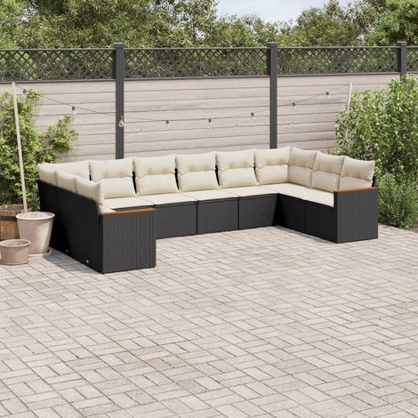 10-tlg. Garten-Sofagarnitur mit Kissen Schwarz Poly Rattan (1/5)