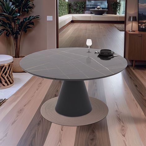 Table tournante à rallonge avec plateau effet marbre noir poli et base en métal noir 150x94x76H cm - Yucap (1/5)