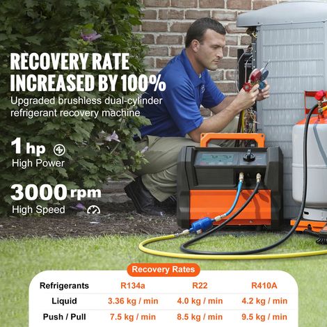 Machine récupération fréon 1 CV double cylindre portable 3000 tr/min moteur sans balais, outil recyclage fluide frigorigène auto clim maison HVAC (1/5)