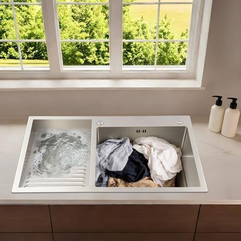 Lavabo à linge, en acier inoxydable, avec tamis d'évier et planche à laver, 80 x 48 cm, encastrable, avec 2 bacs, évier de cuisine, lavabo ménager, pour buanderie, balcon (1/5)