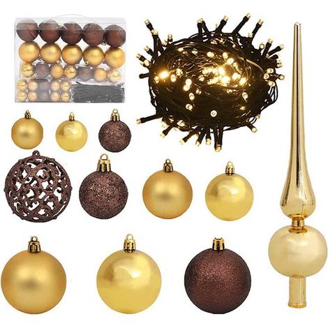 Ensemble de boules de Noël, comprenant des inserts et 150 lumières LED, 60 pièces au total, en or et bronze. (1/5)