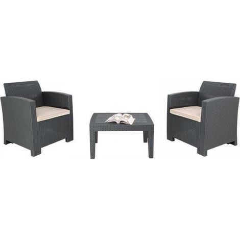 Petit salon complet, 1 table, 2 fauteuils inclus, en rotin, polypropylène gris foncé