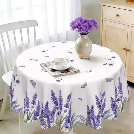 Nappe ronde 150 cm, lavable, violette lavande, motif floral, en polyester, résistante aux intempéries, imperméable, pour cuisine, table de jardin, table à manger, fête (1/5)