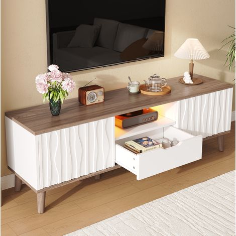 Mobile TV 160x40x52 cm bianco e noce scuro in MDF con porte scorrevoli e LED (1/5)
