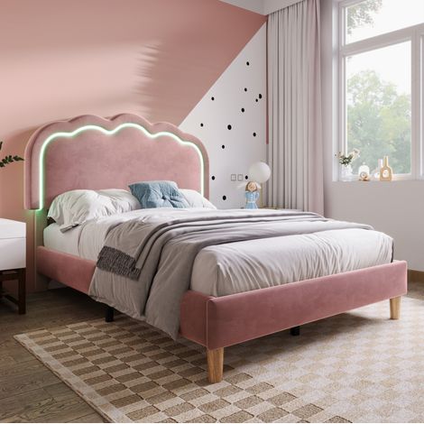 Lit 1 place 90 x 200 cm en velours rose avec tête de lit réglable LED, sommier à lattes, dimensions 101 x 207 x 104-109 cm pour chambre d'amis – de FLORAGRACE (1/5)