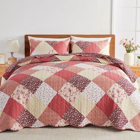 Patchwork Couvre Lit, Dessus de Lit et Couvre Lit 2 Personnes 220x240 cm, Boutis Courtepointe Matelassé Réversible Multicouleurs Rose Decoratif pour Chambre (Rose, 220x240cm) (1/5)