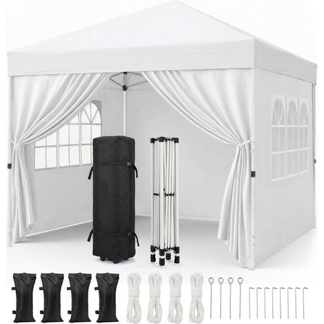 Pavillon 3x3m Tonnelle de jardin pliable rapide Blanc avec fenêtres Sac de rangement inclus (1/5)
