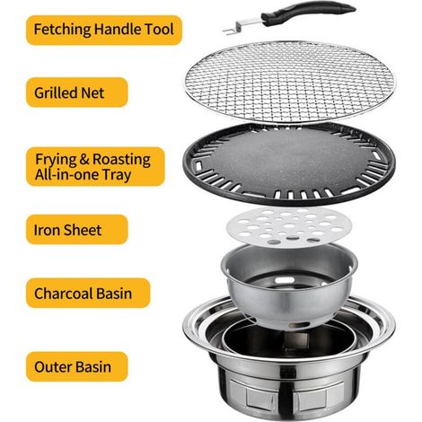Barbecue coréen multifonctionnel de 13 pouces, poêle à charbon de bois rond, poêle de camping, fumoir de table, filet grillé et plateau pour cour, pique-nique, plage (1/4)