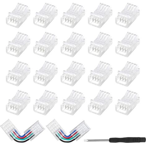 22 Pièces Connecteurs LED 4 Broches 10mm Sans Soudure Connecteur Rapide De Câblage Pour 10mm WS2811 WS2812B Bande LED, Connecteur LED 4 Pin Sans Soudure (1/5)