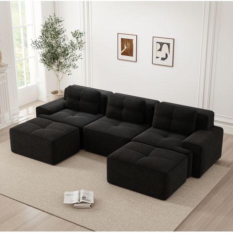 Divano modulare a U in velluto a coste nero con ottomana, 3 posti, 293 x 177 x 69 cm DESVIAE (1/5)