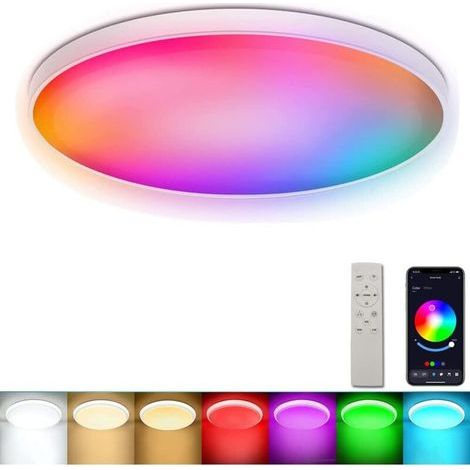 Plafonnier LED intelligent avec Télécommande, 24W 30cm 2400LM 2700-6500K Syn Multiple Couleur APP Musique Température de Couleur Luminosité Dimmable Timer pour Chambre à coucher Salon Party Festival