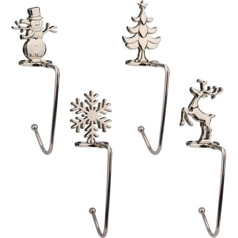 4 Supports de chaussettes, Crochet antidérapant, Métal, Renne Sapin Flocon Bonhomme de neige, Cheminée Décoration Noël (1/5)