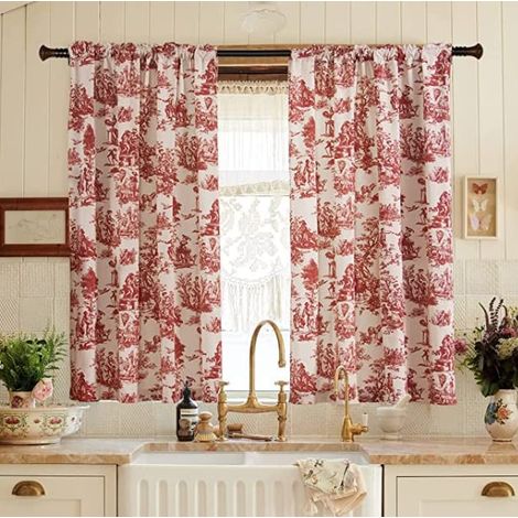 Lot de 2 Rideaux Courts Rouges pour décoration de fenêtre de Cuisine avec Passe-Tringle Toile Florale Ferme, Campagne, buanderie, Porte Thème Rustique 122 cm de Long (1/5)