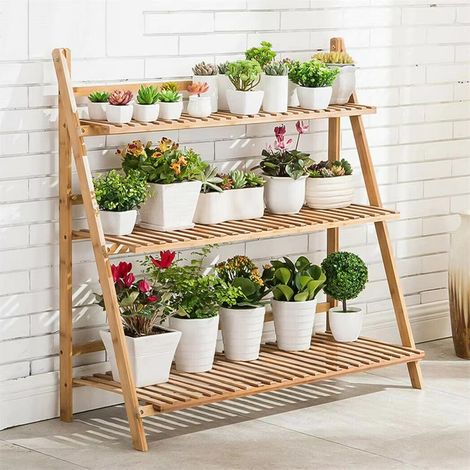 Support de fleurs multi-niveaux en bambou – étagère 3 étages – rangement de plantes pour balcon et jardin (1/5)