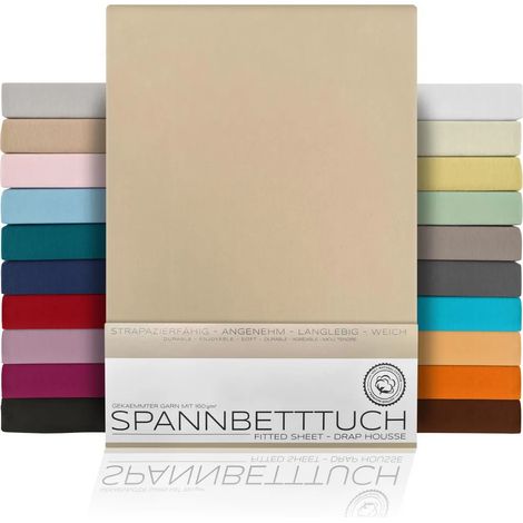 Drap-housse BEAUTEX en jersey de coton peigné premium 160 g/m², dimensions et coloris au choix, 160 x 200 cm, beige, pour matelas à sommier tapissier. (1/2)
