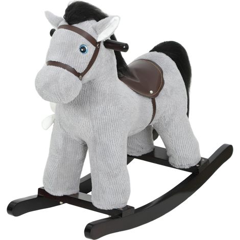 Caballito balancín infantil, juguete balancín de peluche para bebé con efecto de sonido y muñeco, 71 x 26 x 55 cm, gris. (1/5)