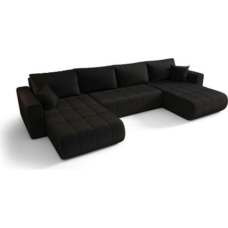 Canapé d’angle velours panoramique convertible avec rangement SVEN-Noir (1/4)