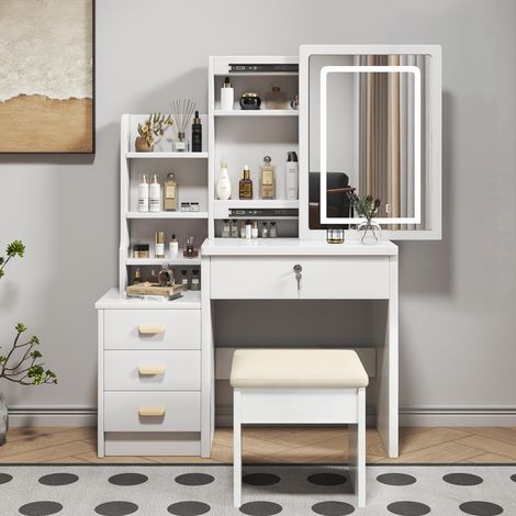 Coiffeuse élégante avec miroir lumineux et éclairage – Éclairage réglable (3 teintes) – Avec 4 tiroirs et tabouret – 85 × 36 × 130 cm – Blanc (1/5)