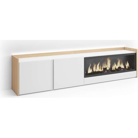 Mueble TV Moclinejo-01 de 212x50x35 cm con chimenea y luces LED, XXL, color blanco y roble soft (1/4)
