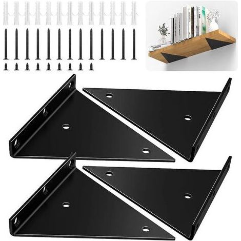 6-inch triangular shelf brackets, set of 4 heavy-duty iron wall brackets including screws, invisible right-angle wall shelf brackets with high load capacity, black (1/3)