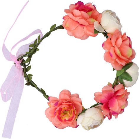 Couronne de fleurs ajustable, serre-tête floral, guirlande de fleurs artificielles pour femme, beige corail (1/5)