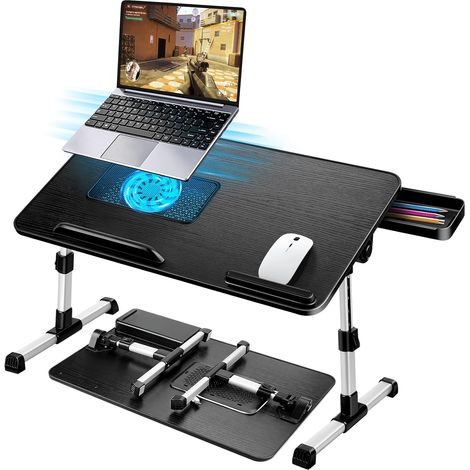 Table de Lit pour Ordinateur Portable, Pliable, Réglable en Hauteur et Angle, Plateau de Lit avec Tiroir/Refroidisseur PC Portable, Table pour Canapé/Sol (53 x 30 cm, Noir) (1/5)