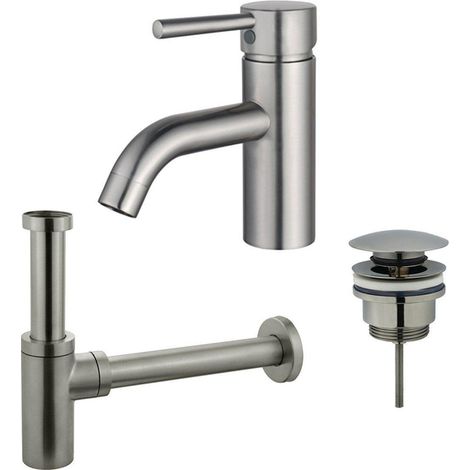 Fortifura Calvi Kit mitigeur lavabo - robinet bas - bonde clic clac - siphon design - PVD Inox brossé (1/2)