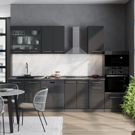 Mueble de cocina Fame-Line, Antracita alto brillo, 300 cm con armario alto, sin encimera, Vicco